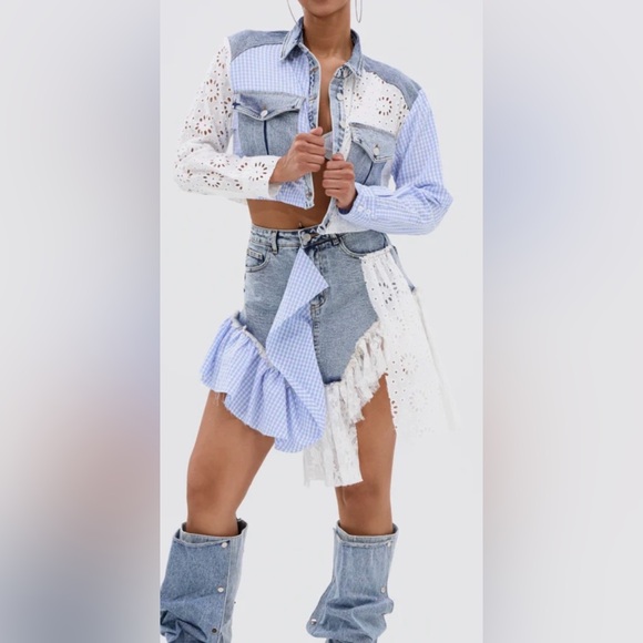 NWT AKIRA Denim and lace poplin mini Skirt and shirt jacket set size M/L - Picture 2 of 6